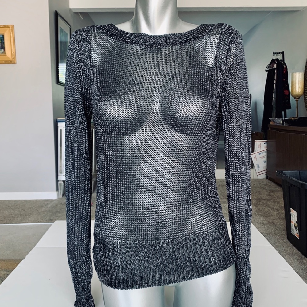 All Saints Sheer Metallic Deep-V Back Sweater.